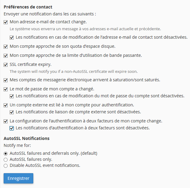 cPanel : changement de l'e-mail de contact