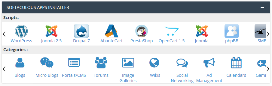 Softaculous applications, scripts et CMS à installer