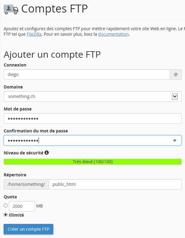 Création d'un nouveau compte FTP