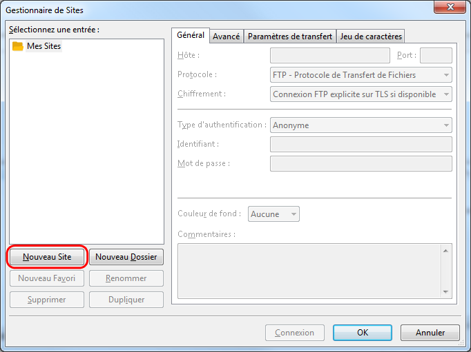 FileZilla : Nouveau Site
