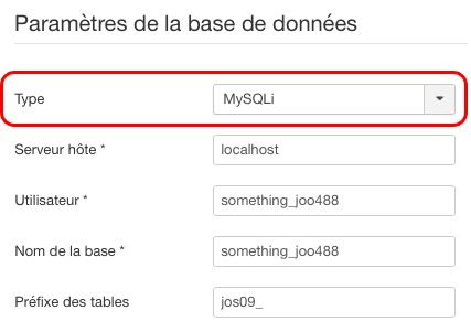 Joomla : paramètres base de données