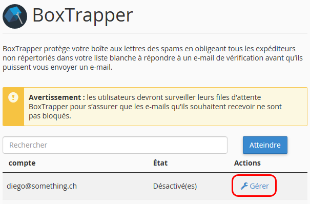 Activation de BoxTrapper pour un compte e-mail