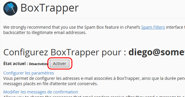 Activation de BoxTrapper pour un compte e-mail