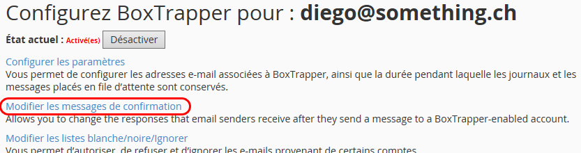 Configuration des messages de BoxTrapper