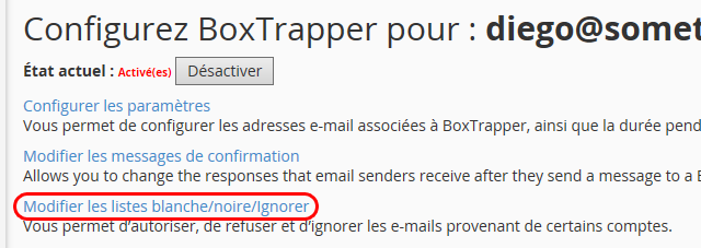 Configuration des whitelist manuelle de BoxTrapper