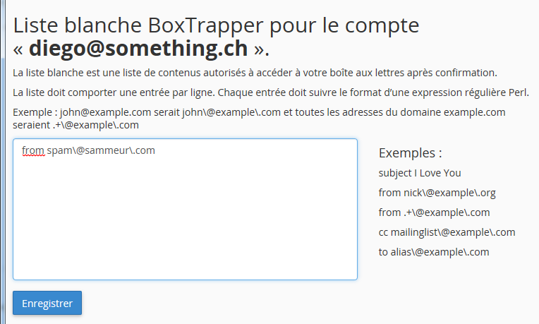 Configuration des whitelist manuelle de BoxTrapper