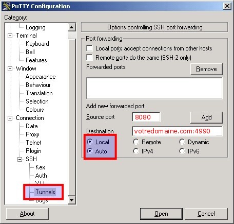 Configuration Putty pour tunnel SSH