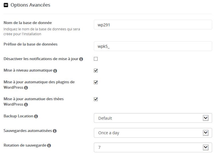 Installation WordPress : Paramètres d'installation