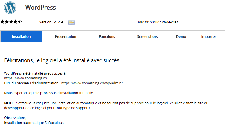 Installation WordPress : Paramètres d'installation