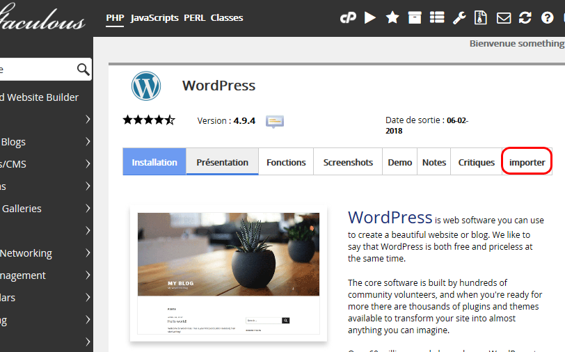 Importation de WordPress : Softaculous